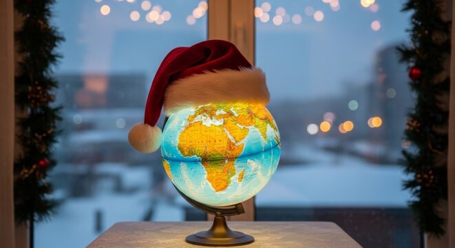 Illuminated globe wearing a red santa hat, sitting on a table with a blurred festive background for Christmas holiday travel and goodwill concept.