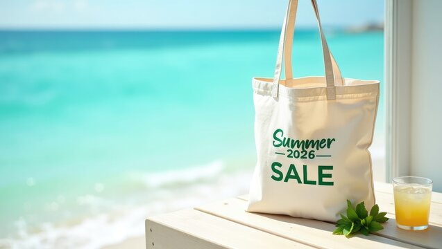 Summer 2026 Sale Concept with White Tote Bag and Lemonade on Beach: Seasonal Shopping, Travel and Tropical Vacation Background