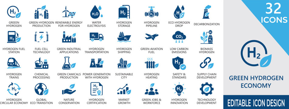 Premium green hydrogen economy solid icon set. Features H2 , fuel , fuel, sustainable, renewable, power , integration, and industrial decarbonization glyphs.