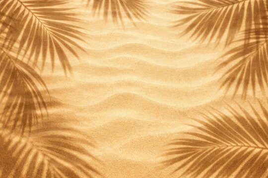 Top View of Palm Tree Leaf Shadows on Golden Sand Texture: Tropical Beach Summer Vacation and Minimal Background Concept