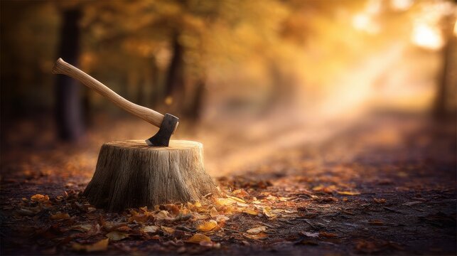 Axe resting on tree stump in autumn forest at sunset