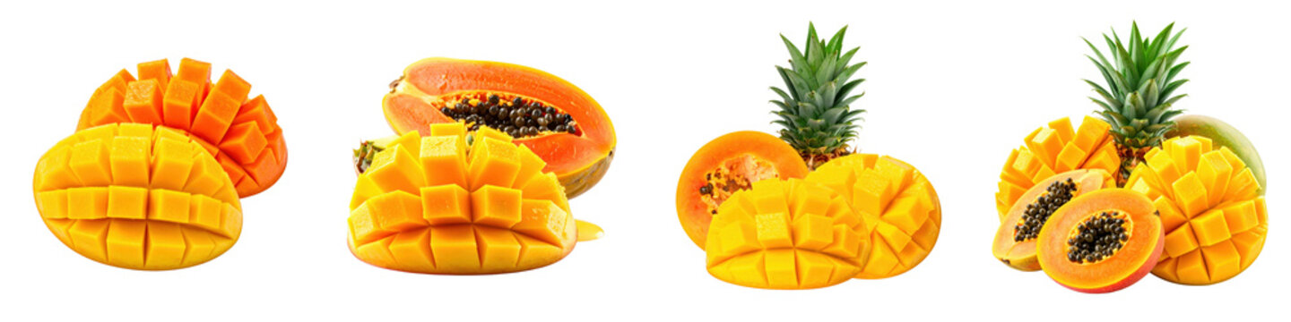 Fresh tropical fruits including sliced mangoes papayas and pineapples arranged in several groups
