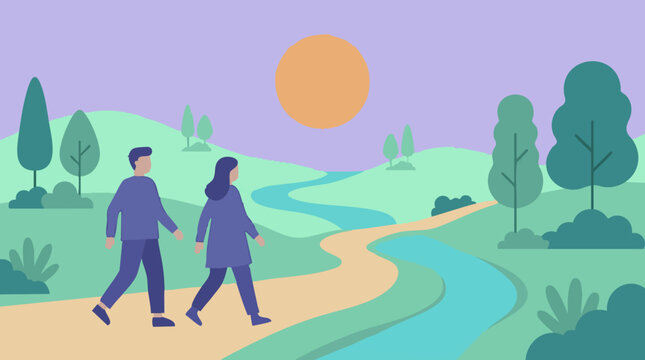 Couple walking on a winding path in a peaceful natural landscape illustration