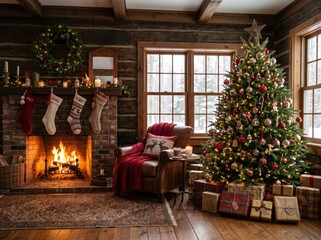 Obraz premium Cozy Christmas Lodge Interior: A warm, inviting lodge interior, with a decorated Christmas tree, glowing fireplace, and festive decorations, creating a scene of holiday cheer.