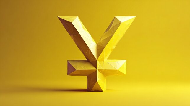 Golden yen symbol stands out against warm yellow background. Its angular design catches light with sharp, geometric edges. No people or animals appear in the frame. Ideal for finance, investment