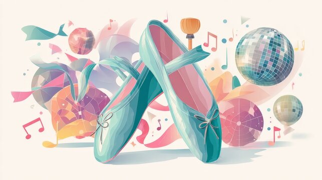 Pastel ballet shoes stand center stage. Colorful spheres float around them joyfully. Musical notes swirl, dancing with rhythm. Shoes gleam softly under abstract light. Dreamy scene evokes grace