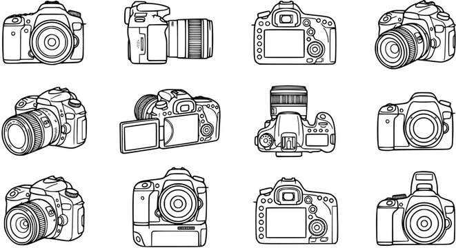 Black and White Line Art of Various Digital SLR Cameras and Lenses, Technology Industry Stock Asset