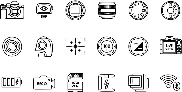 Camera Icons, Black and White Line Art Vector Set for Photography Technology