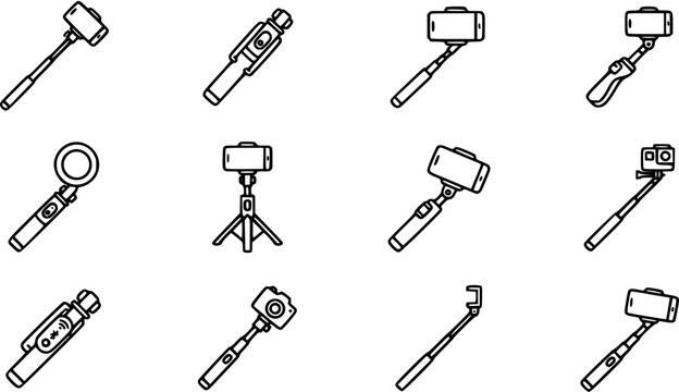 Black and white line art icons of selfie sticks and camera tripods for technology and travel