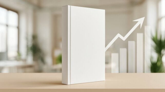 White blank book standing on wooden table with blurred interior background and rising arrow chart symbolizing growth and success in business and education concepts