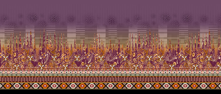 Purple Ethnic Floral Pattern with Geometric Zigzag Elements border