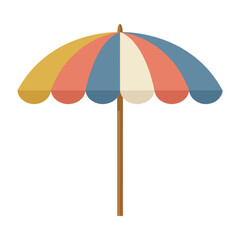 Obraz premium A colorful beach umbrella stands upright on the sand. The sun shines brightly, and the ocean is visible in the distance. People enjoy their day at the beach nearby