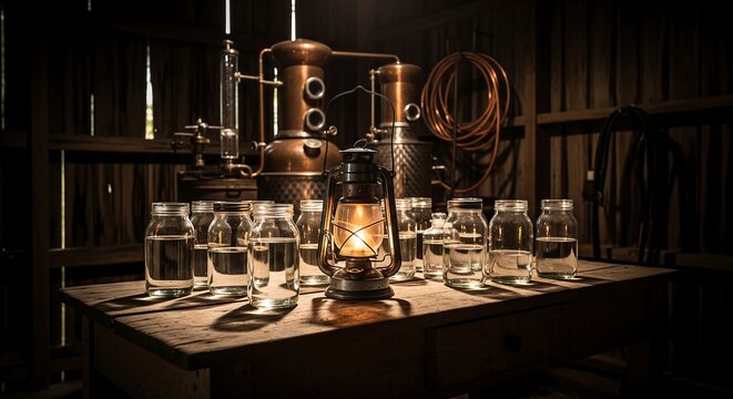 A rustic distillery setup with copper stills, glass bottles filled with clear liquid, and a lit lantern on a wooden table.