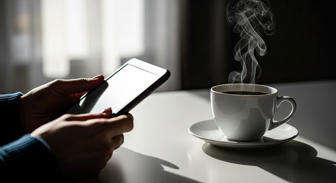 Woman using tablet near coffee cup with steam on white table in sunlight