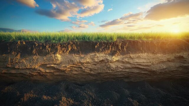 Cross-section of earth layers with grass and horizon at sunset