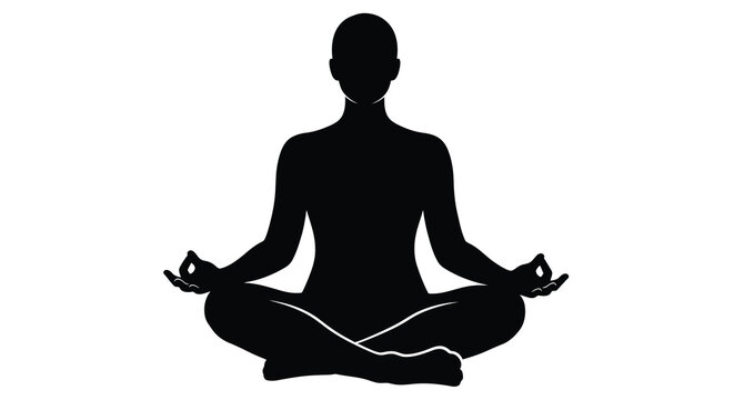 Black silhouette of a person meditating in lotus position on white background