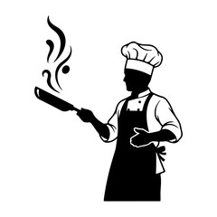 Naklejka premium Professional chef silhouette holding frying pan with steam, culinary expert logo icon, restaurant cook in apron and hat, black and white kitchen vector art