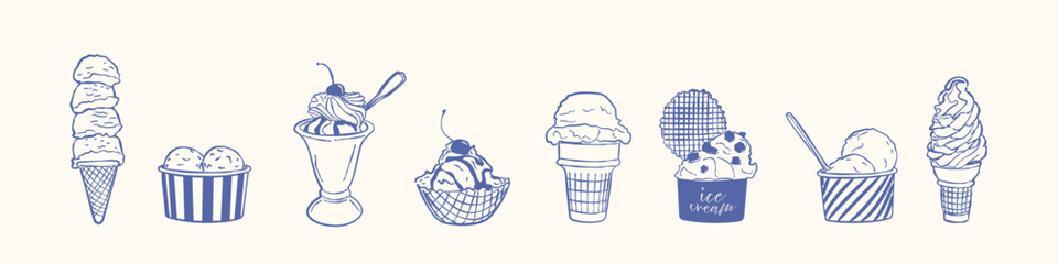 Vintage dessert border set featuring cones, sundaes and ice cream cups in minimalist line art.