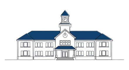 Fototapeta premium Classic School Building Illustration with Clock Tower and Blue Roof