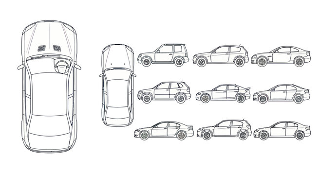Automobile Line Drawings: Various Car Models and Views