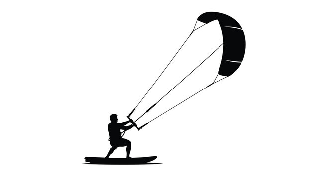 Kitesurfing silhouette athlete riding waves with kite on a sunny day