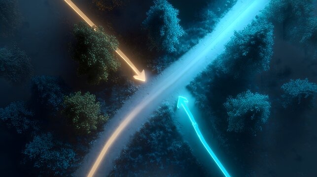 Conceptual background: Crossroad in a night forest with orange and blue neon arrows pointing to the intersection
