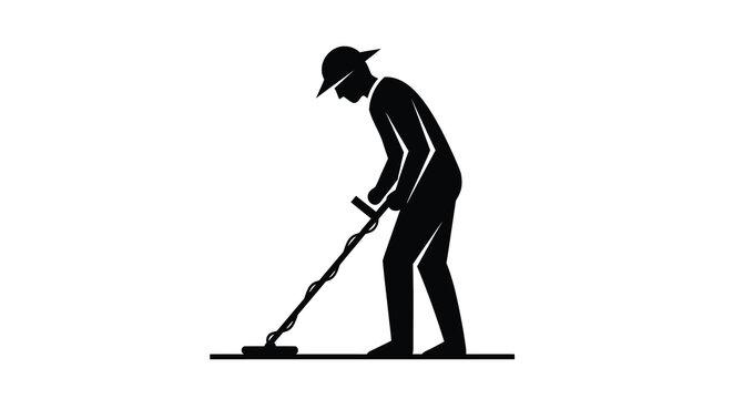 Metal detecting silhouette man with detector searching for treasure on beach or field