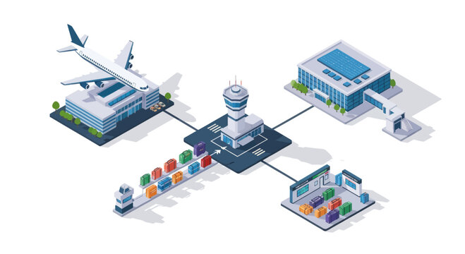 Isometric illustration of an airport infrastructure, including terminals, control tower, and transportation links, representing modern air travel logistics.