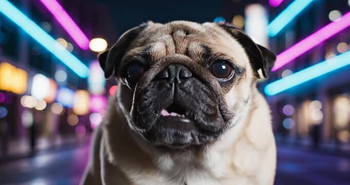A joyful pug dog with a playful expression in a vibrant urban night setting with colorful lights