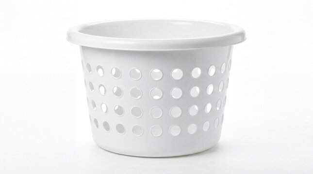 A clean and empty plastic laundry basket with circular ventilation holes shown on white background
