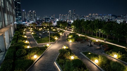 Fototapeta premium Urban rooftop garden at night with illuminated pathways and city skyline in the background, featuring greenery and seating areas for relaxation