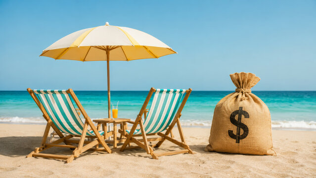 Financial concepts in debt management are illustrated by large money bag on sandy beach with striped chairs and umbrella under clear blue sky showing relaxation and wealth
