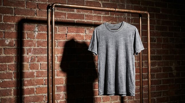 Heather grey vintage-wash t-shirt hanging on an industrial copper pipe clothing rack against an exposed red brick wall, dramatic shadows.