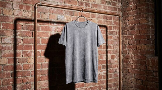 Heather grey vintage-wash t-shirt hanging on an industrial copper pipe clothing rack against an exposed red brick wall, dramatic shadows.