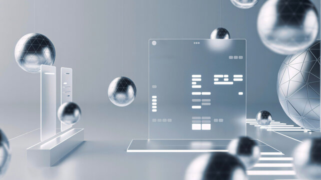 Abstract 3d background with floating glass ui panels and metallic spheres
