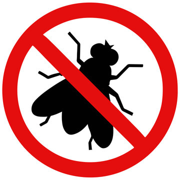 No fly sign, red circle with black fly silhouette prohibition symbol
