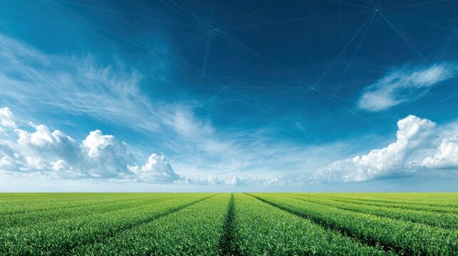 Green crop field with parallel rows under blue sky with clouds and abstract network overlay