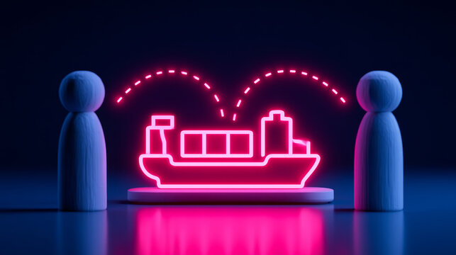 Neon illustration of cargo ship highlights global shipping routes and modern communications between two people, symbolizing international trade and logistics efficiency