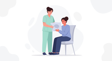 Fototapeta premium Nurse Showing Medical Scan to Patient Sitting on Chair, Healthcare Concept