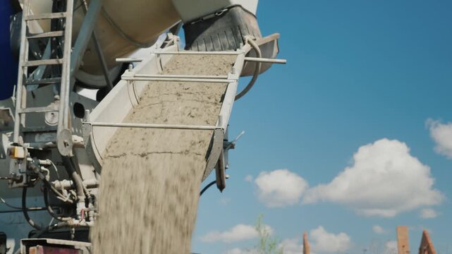 Concrete mixer truck pouring wet cement on construction site for building foundation work.