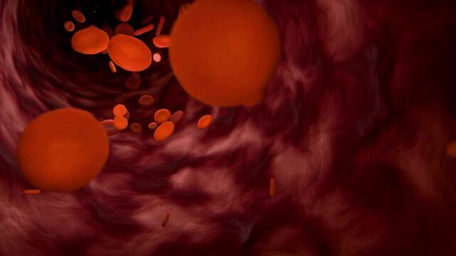 Human red blood cells flowing through a blood vessel 3D animation