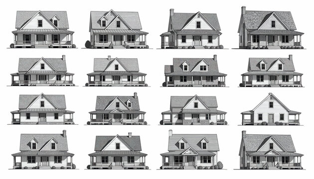 Collection of Diverse Architectural House Elevations with Various Rooflines and Styles