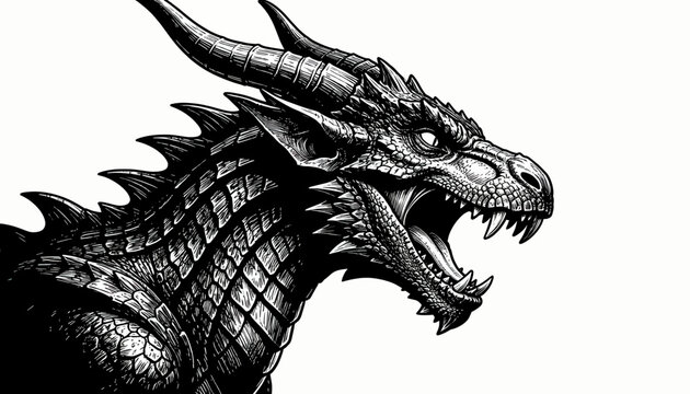 Fierce Mythological Dragon Head Roaring with Sharp Teeth Illustration