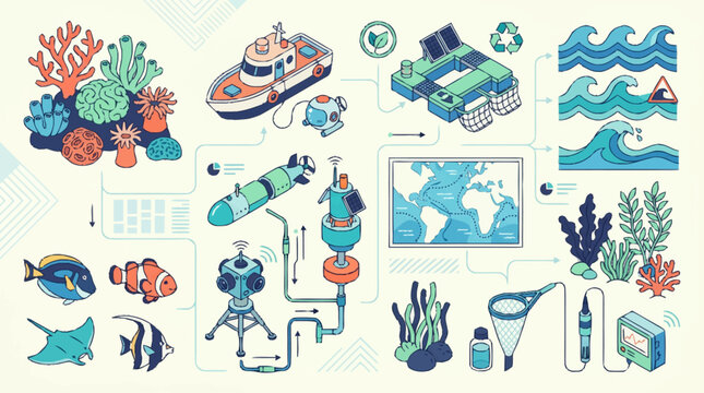 Collection of ocean conservation and pollution illustrations.