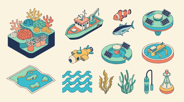 Collection of colorful ocean and solar panel graphics.