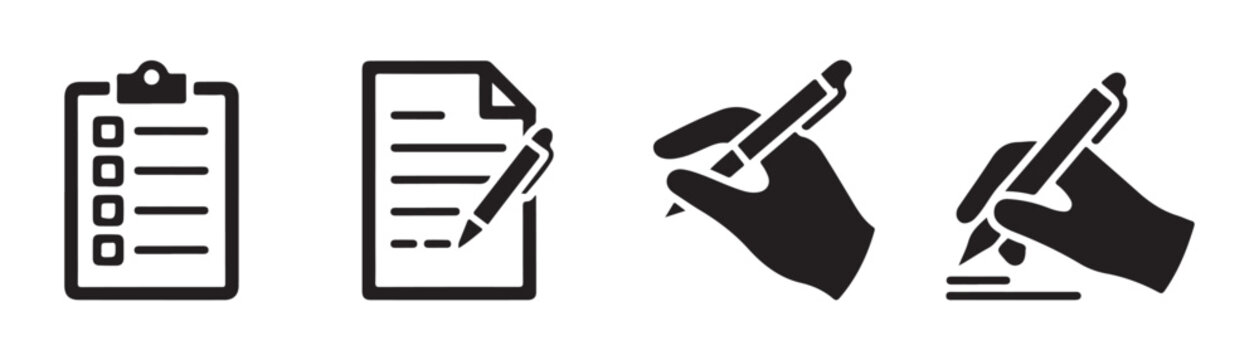 Set of four black icons representing blank checklist, document with pen, and hand holding pen writing.