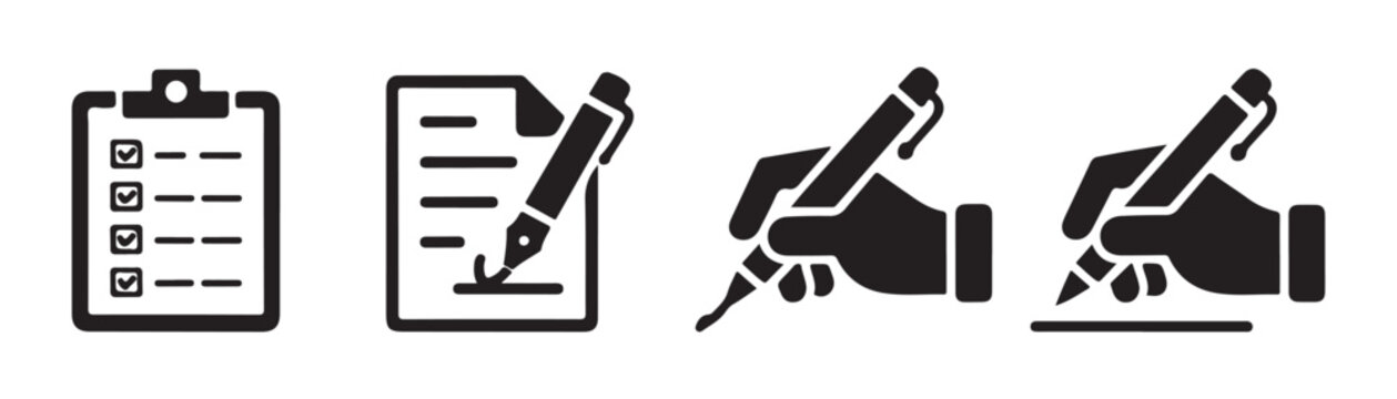 Set of four black icons representing checklist, document with pen, and hand holding pen writing.