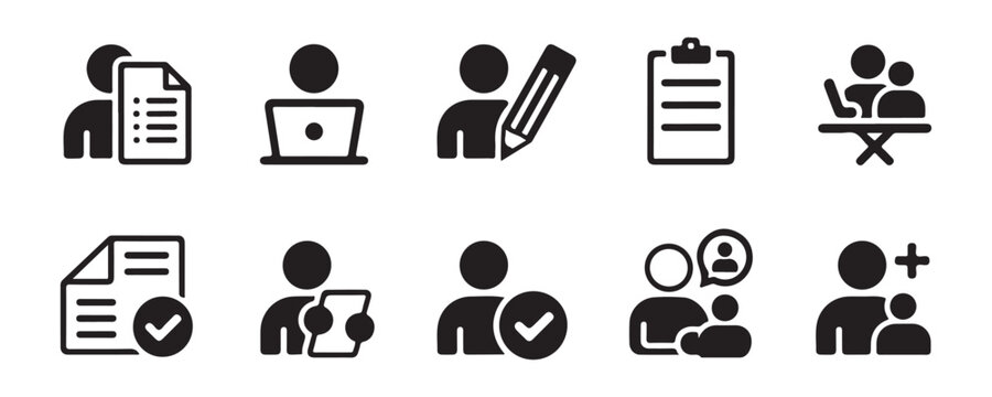 Minimalist user management and document processing icons for business applications set of black silhouettes.