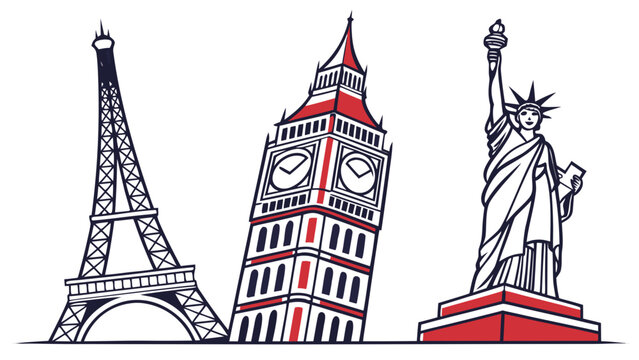 Famous World Landmarks Eiffel Tower Big Ben and Statue of Liberty