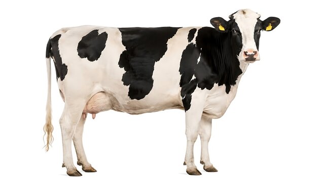 Full Length Side View of a Professional Studio Shot of a Black and White Holstein Friesian Dairy Cow Isolated on a Pure White Background for Agriculture, Farming, and Livestock Projects.